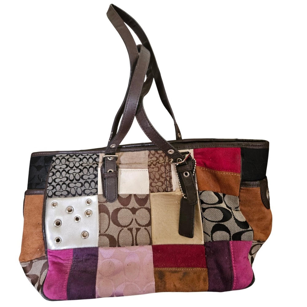 Coach Holiday Patchwork Bag Signature Monogram Suede Leather MultiClor Boho Fair